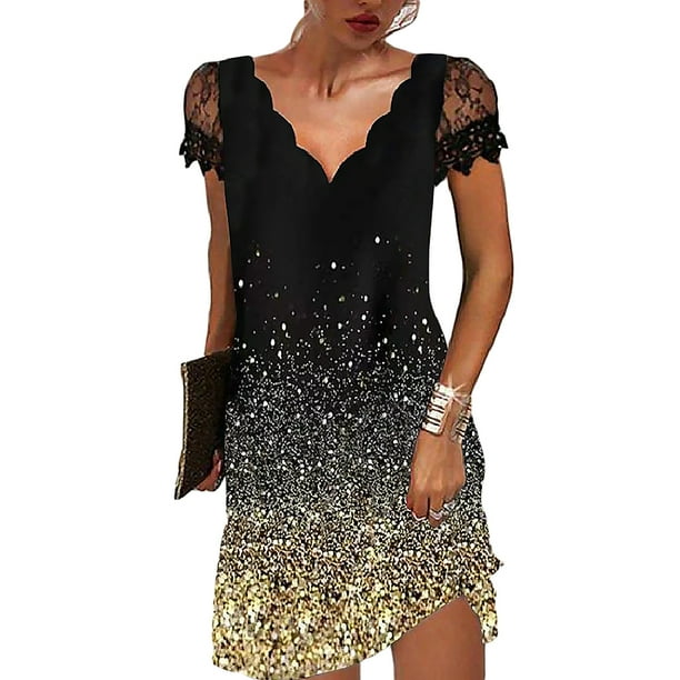 Qarigey Vestido de manga corta para mujer Cena elegante Graduación universitaria Baile Verano Boda Cumpleaños Ropa diaria Ropa de oficina Vestidos Oro 5XL Qarigey AP010367-16