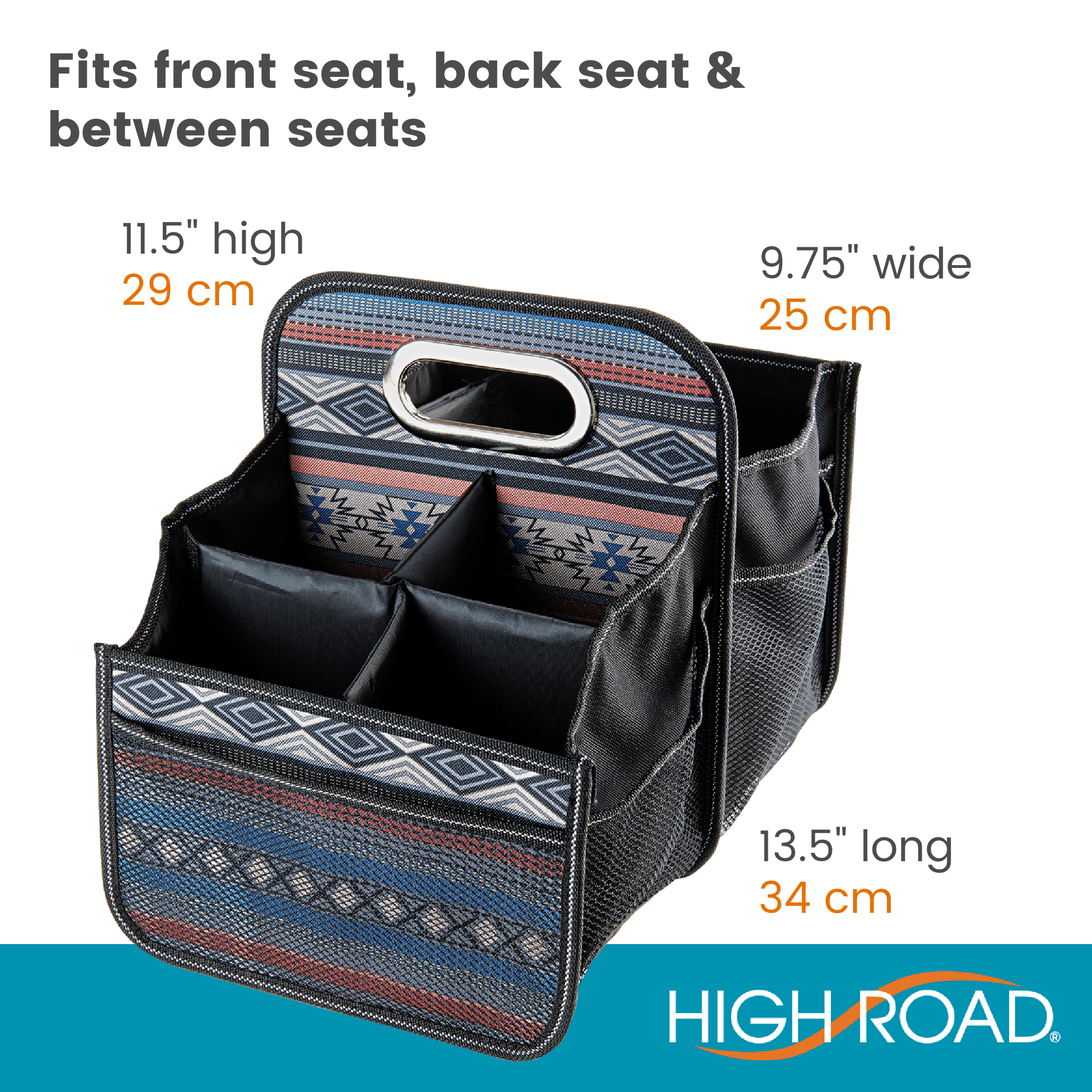 High Road Car Seat Organizer for the Front Passenger or Back Seat with Cup Holder Dividers and Easy Carry Handle Black