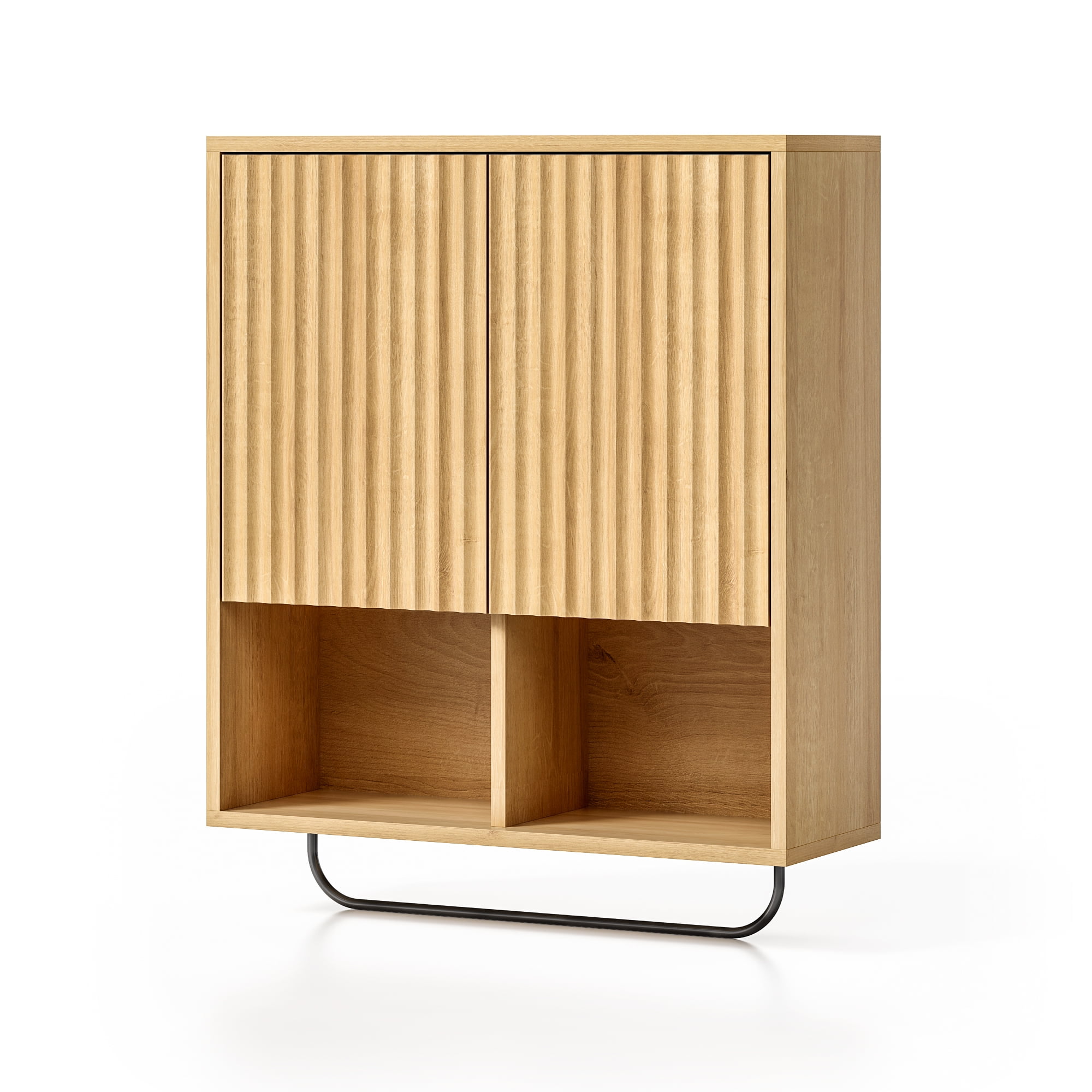 EYYTHUNG Fluted Wall Cabinet Set of 2, Modern Wooden Bathroom Medicine Cabinet Storage with Hanging Rod, Adjustable Shelf and Towels Bar, Natural Oak