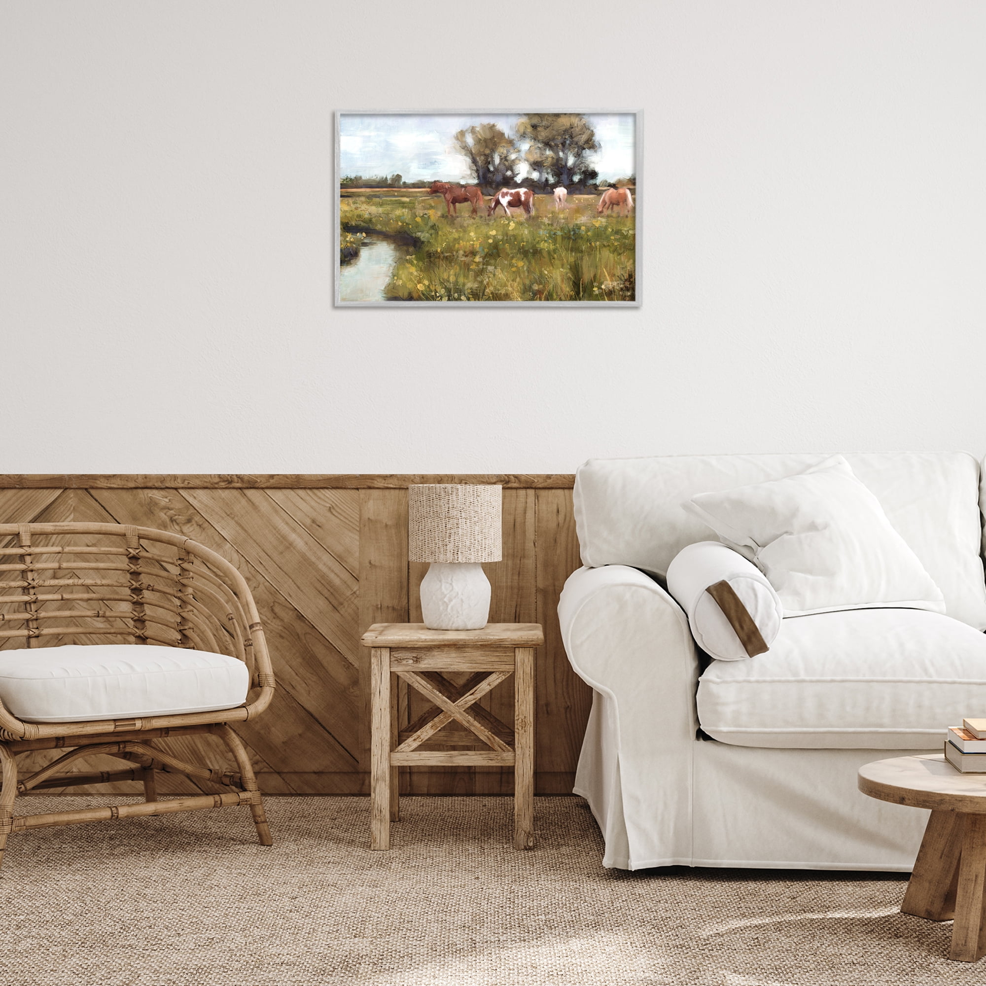 Stupell Industries Lazy Day Horse Landscape Landscape Painting Gray Framed Art Print Wall Art, 24 x 16