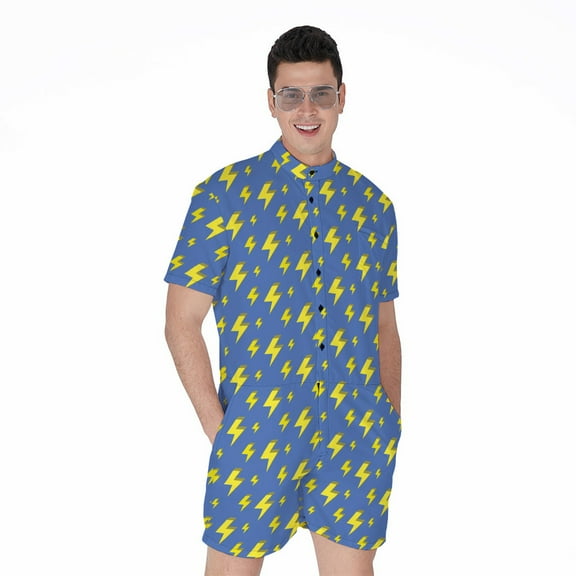 Blue And Yellow Lightning Pattern Short Sleeve Men'S Rompers Casual Summer Jumpsuits Outfit