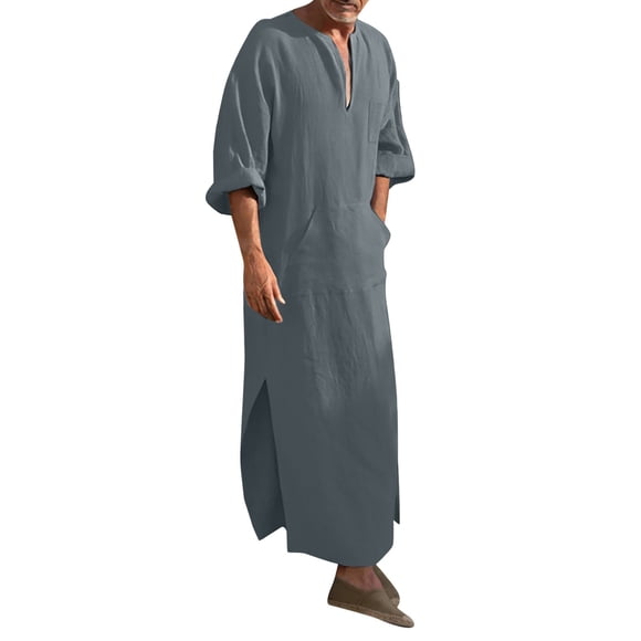 Kaftan Thobe for Men Casual Long Sleeve Mens Summer Robes Arabic Thobe with Pockets Muslim Dress for Men Grey Thobe for Men