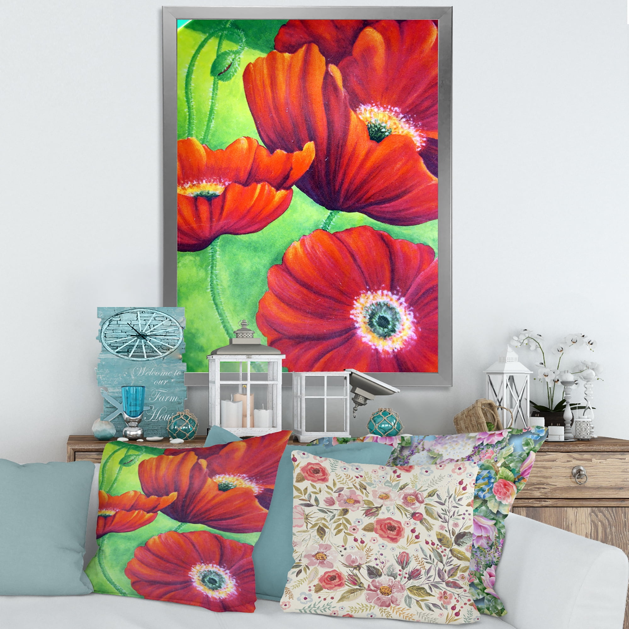 Designart 'Red Blossoming Poppies Over Wild Green V' Traditional Framed Art Print