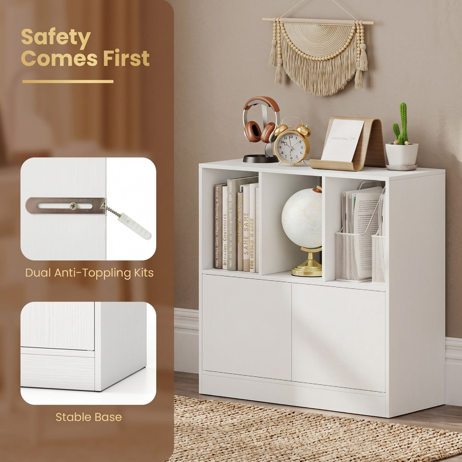 Furnibear 3-Cube Bookcase with Doors, 3-Tier Cube Bookshelf with 2-Door Storage Cabinet and Open Compartments, Anti-Tip Wood Cubby Organizer Shelf for Living, White