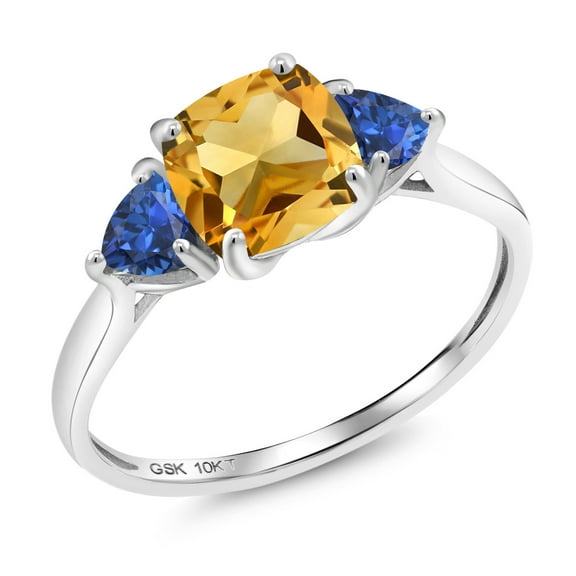 Gem Stone King 10K White Gold Yellow Citrine and Blue Created Sapphire 3-Stone Engagement Ring for Women (1.94 Cttw, 7MM Cushion and 4MM Trillion, Size 8)