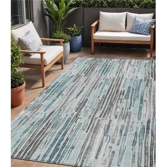 HomeRoots 617699 5 x 8 ft. Teal Blue & Gray Striped Washable Indoor & Outdoor Rectangle Area Rug