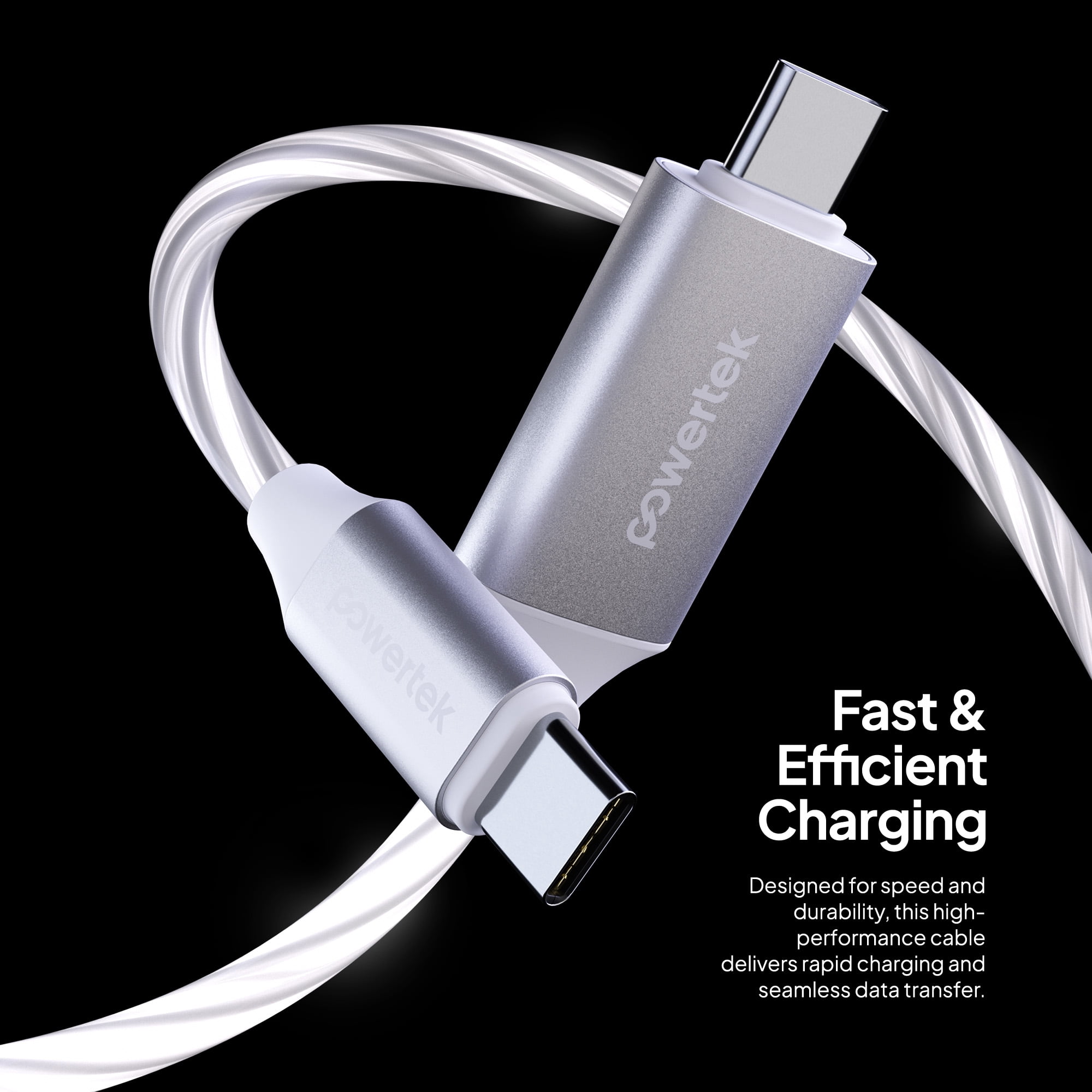 Powertek Light-Up USB-C to USB-C Fast Charging Cable, 60W, 5 ft, White