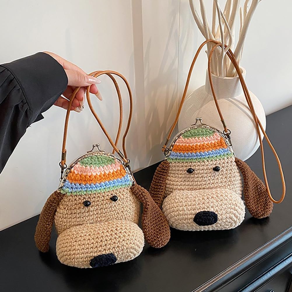 Baguery Handmade Crochet Dog Crossbody Bag - Cute Cartoon Knitted Purse with Metal Frame, Mini Animal Shoulder Bag for Women​