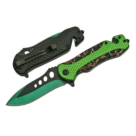 SPRING-ASSIST FOLDING POCKET KNIFE | Green Black Blade Camo Hunter Tactical