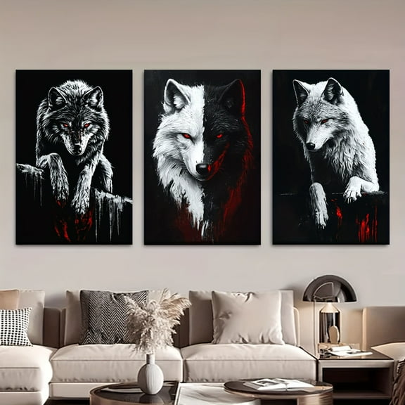 3pcs/Set, Canvas Painting--Unframed, Black Wolf And White Wolf, Posters And Prints, Living Room, Library, Office, Cafe, Bar, Abstract Art, Perfect Birthday, Holiday Gift, Valentine'S Day, Easter Egg