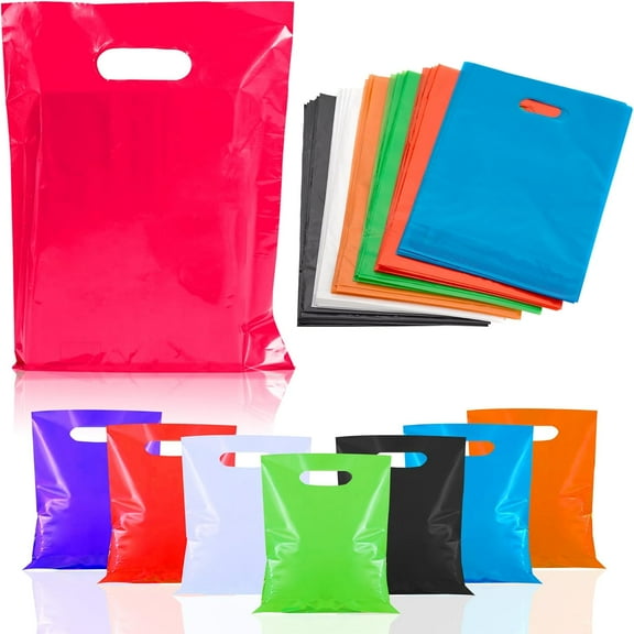 Playbees Small Glossy Colored Plastic Bags with Die-cut Handles Assorted Colors - Pack of 50-8.75 x 12 Inch Grocery Sack for Retail, Donation Containers, Takeout Food, Party, Mailing Bags