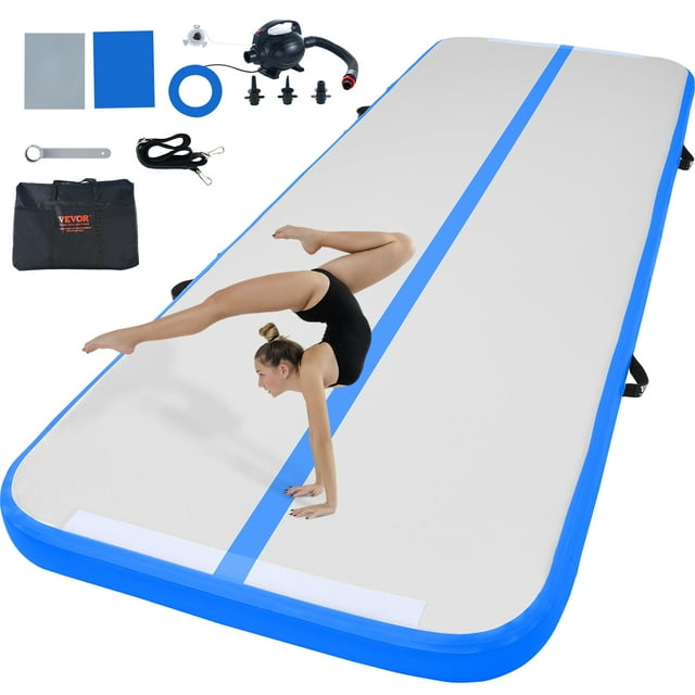VEVOR Gymnastics Air Mat, 4-inch thickness inflatable training mat in blue and white PVC material with a central blue stripe. Includes a 600W electric pump, repair kit, storage bag, and accessories. Ideal for gymnastics, yoga, tumbling, and aerobic exercises.
