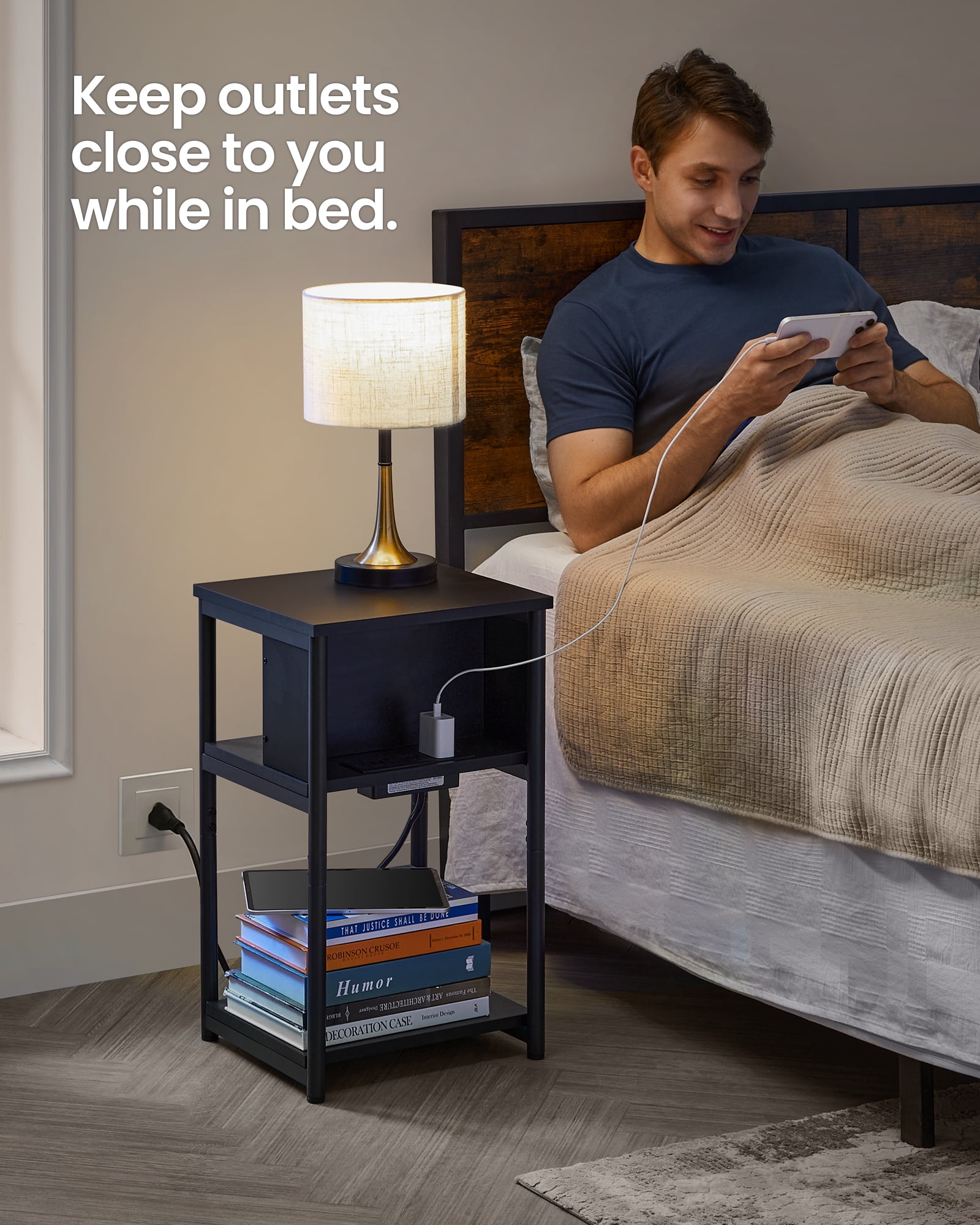 3-Tier End Table with Charging Station Side Table with USB Ports and Outlets Nightstand Black