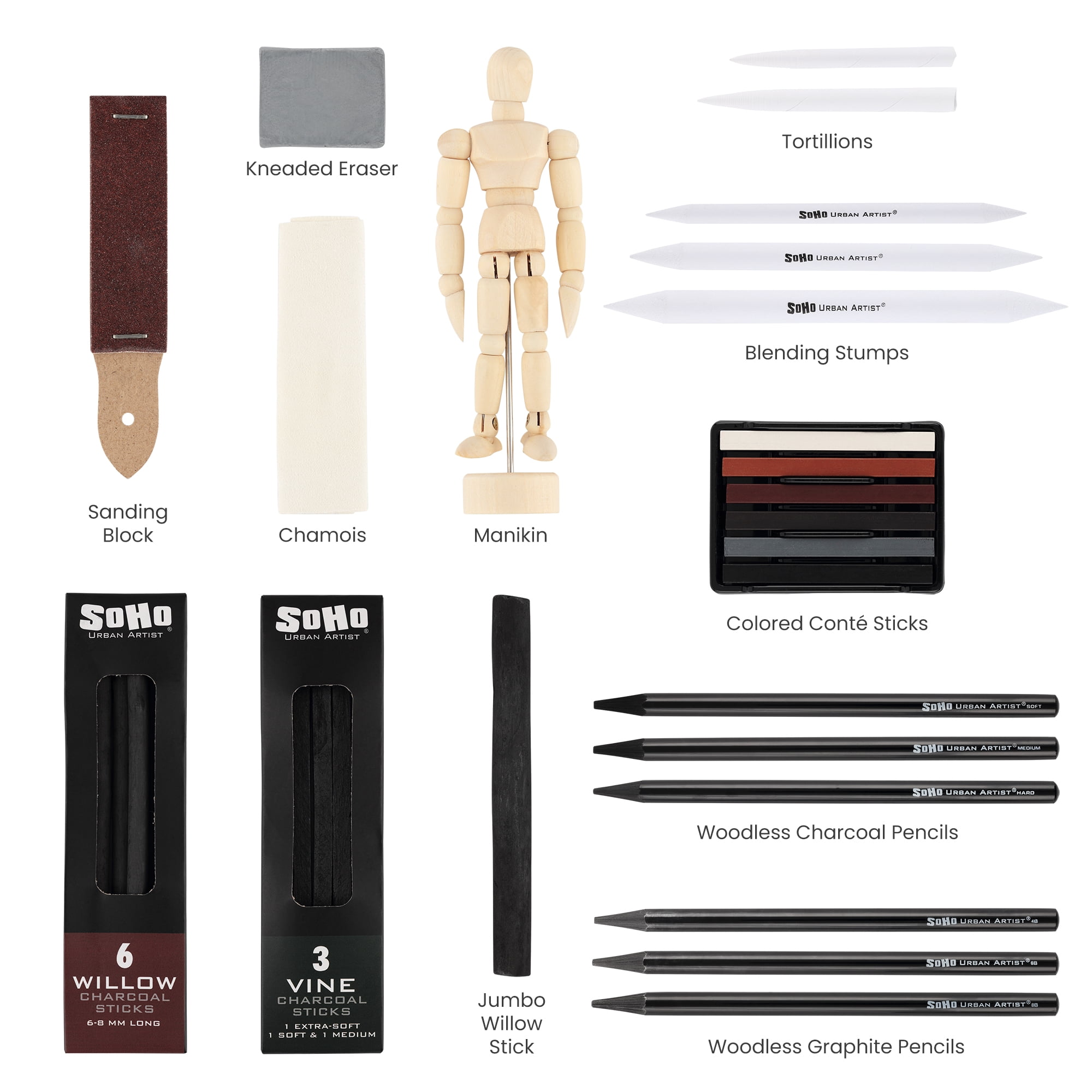 SoHo Urban Artist Charcoal Drawing Set With Manikin in Zipper Case - Drawing Charcoal for Artists, Students, Blending, Live Figure Drawing, & More! - [Black - Drawing Set + Zipper Case]