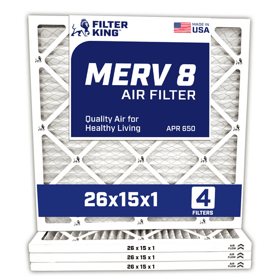 Filter King 26x15x1 Air Filter | 4-PACK | MERV 8 HVAC Pleated A/C Furnace Filters | MADE IN USA | Actual Size: 26 x 15 x .75"