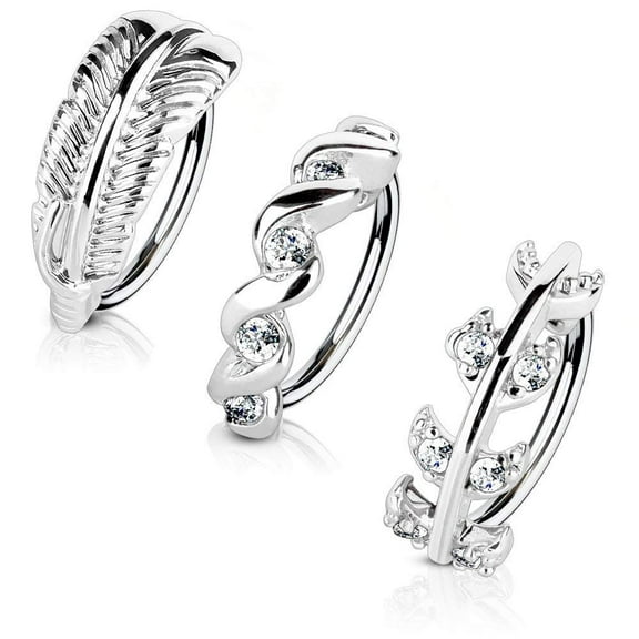 MoBody 3-Pack 20G Nose Ring Piercing Hoop Paved CZ Crawler Surgical Steel Cartilage Earring Set (8mm) (Silver-Tone)