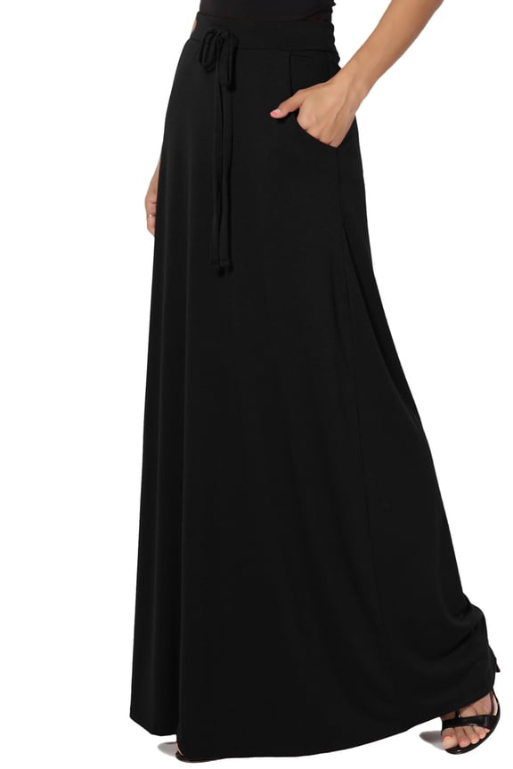 Women's PLUS Drawstring Waist Pocket Drapey Jersey A-Line Long Maxi Skirt