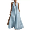 thumbnail image 3 of THDHVS Maxi Dress,Solid Color V Neck Sleeveless A Line Loose Flared Dress Casual Summer Daily Wear,Summer Dresses for Women Light Blue M, 3 of 7