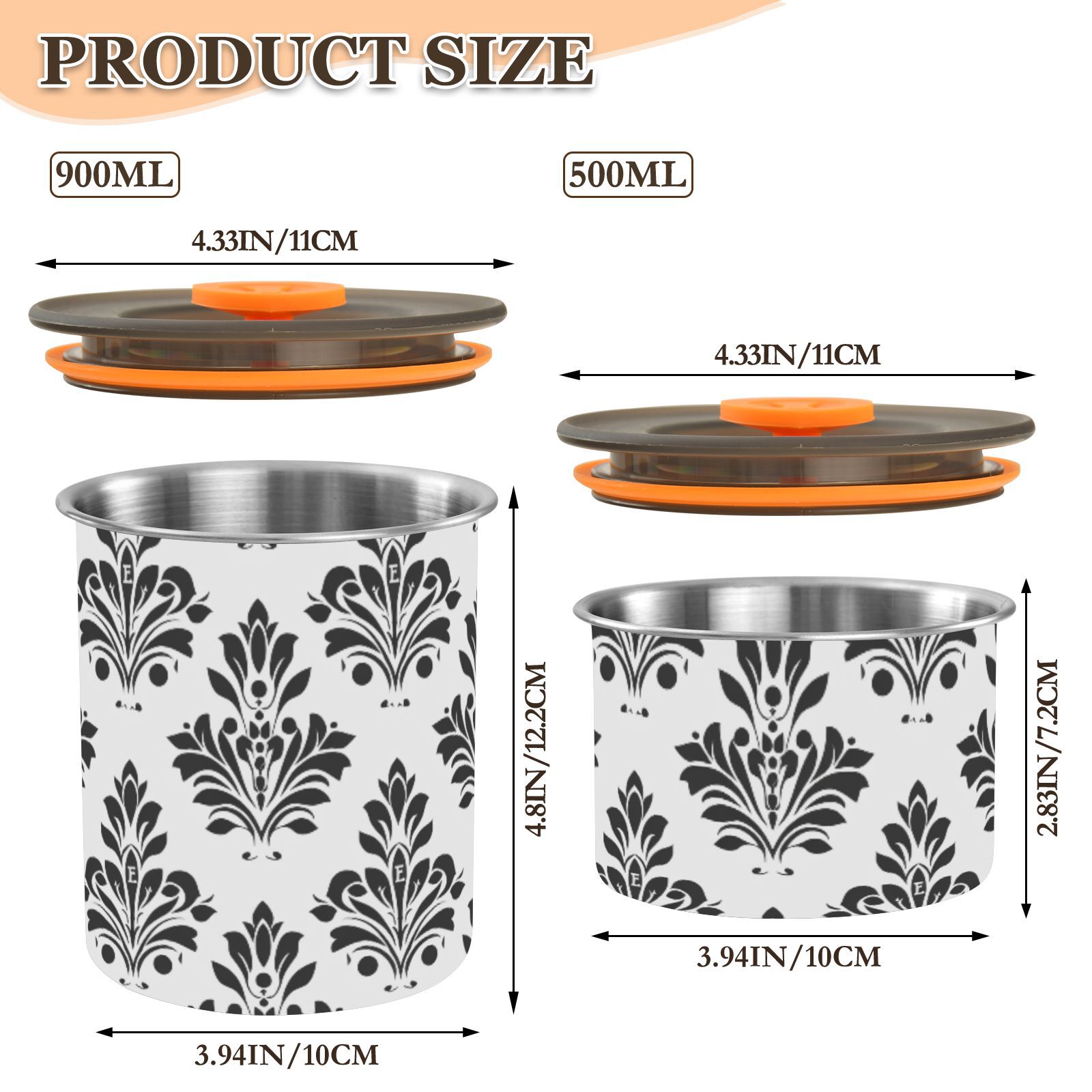Black Damask Floral Airtight Coffee Bean Canister 30oz Food Storage Containers with Lids For Gournd, Tea, Sugar, Flour, Rice, Cereal, Candy Cookie Jar