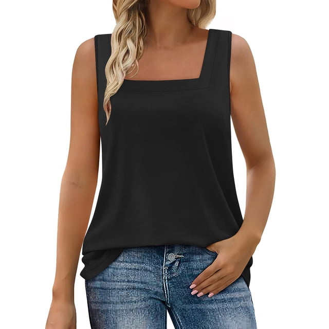JIUKE Tank Tops for Women Square Neck T Shirts Sleeveless Summer Top Loose Fitted Solid Color Plain Shirts