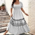 thumbnail image 5 of LWavelet Women's Plus Size Boho Maxi Dress Puff Sleeve Square Neck Smocked Geometric Print Dress White L, 5 of 7