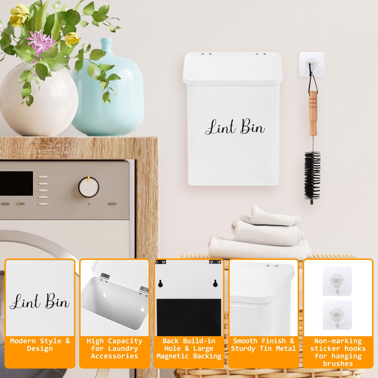 Bigking Lint Bin for Laundry Room Organization and Storage, Includes Magnetic Hook & Lint Brush, Wall-Mounted Laundry Dryer Bin for Laundry Room Decor, Space-Saving Trash Can