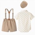 thumbnail image 5 of 9-12 Months Infant Baby Boy Formal Suit 3Pcs Short Sleeve Romper Tops + Suspender Shorts + Hat 6 9 12 18 24 Months Kids Gentleman Wedding Pant Suits Infant Gentleman Outfits,Blue, 5 of 8