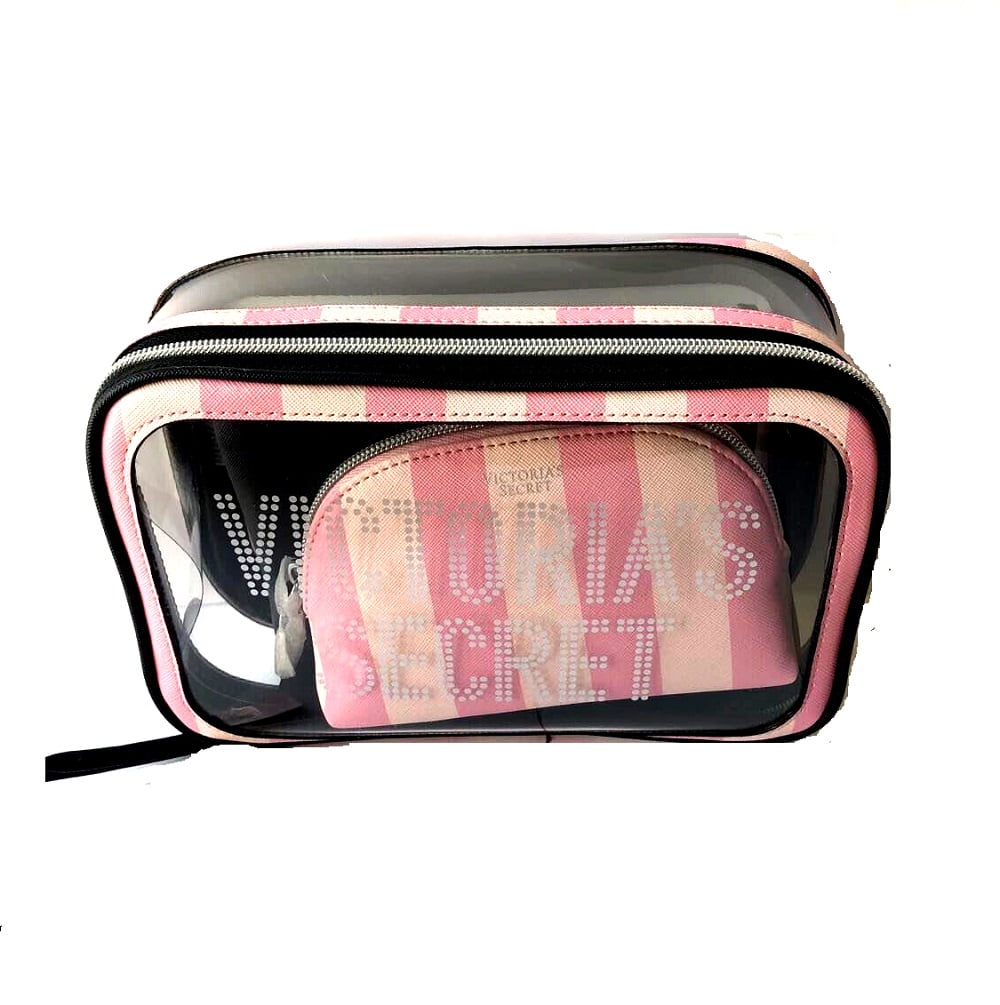 Victoria's Secret 3 in 1 Beauty Bag Set Clear Pink Stripe Cosmetic Trio Makeup  Case for Women New 