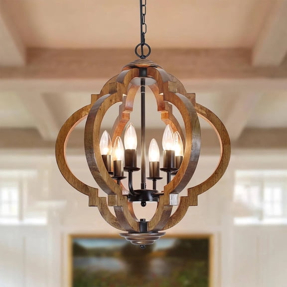 6-Light Farmhouse Globe Chandelier with Open Wood Frame for Kitchen Island, Entryway & Dining Room