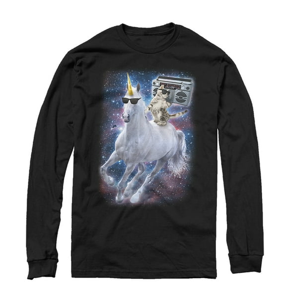 Men's Lost Gods Boombox Cat and Unicorn Space Song Long Sleeve Shirt Black Large