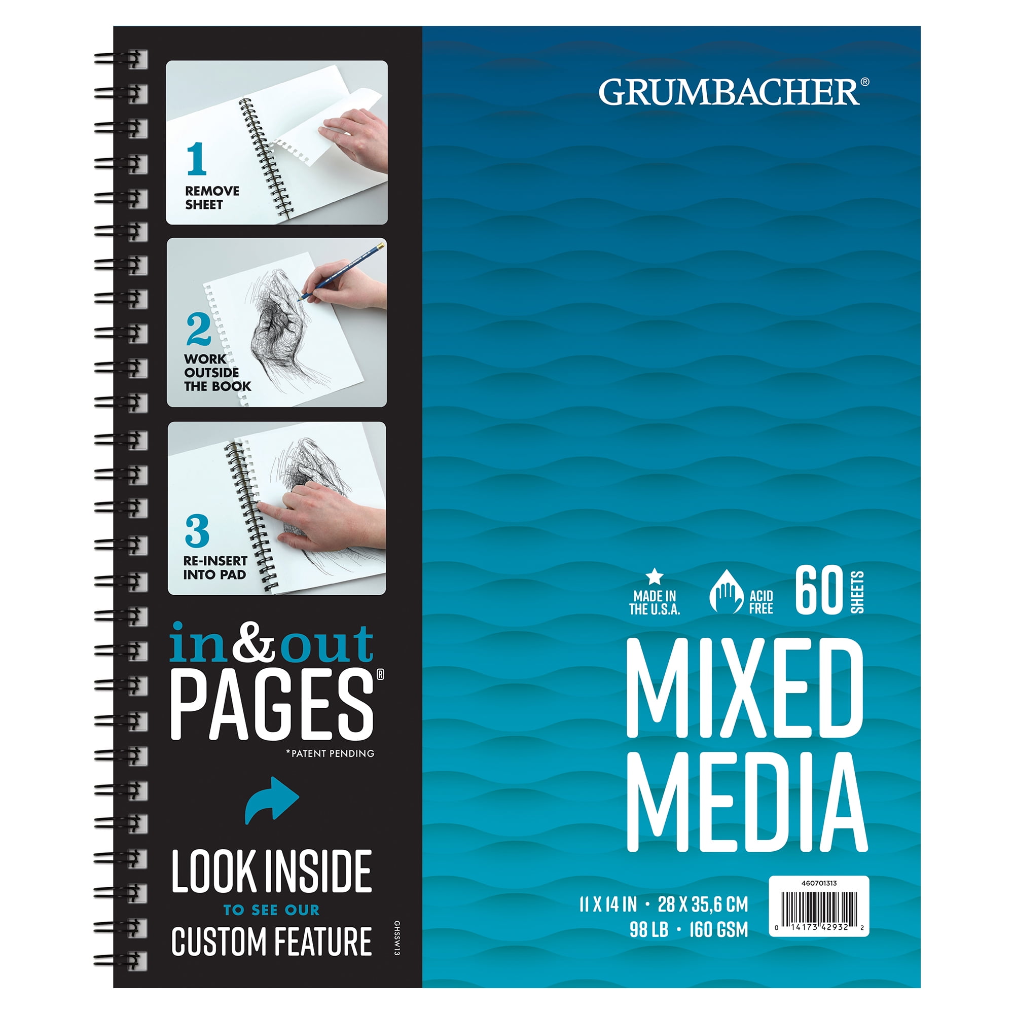 Grumbacher Mixed Media Pad 11 X 14 98lb./160GSM, 60 Paper Sheets, Side Wire, Acid Free