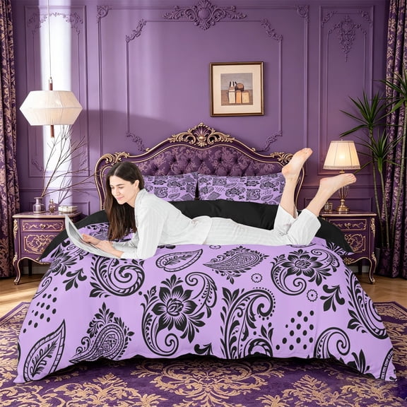 jejeloiu Mystic Paisley Duvet Cover Queen For Men Women,Bold Print Queen Bedding,Purple Black,Black Reversible,3-Piece,1 Duvet Cover and 2 Pillowcases