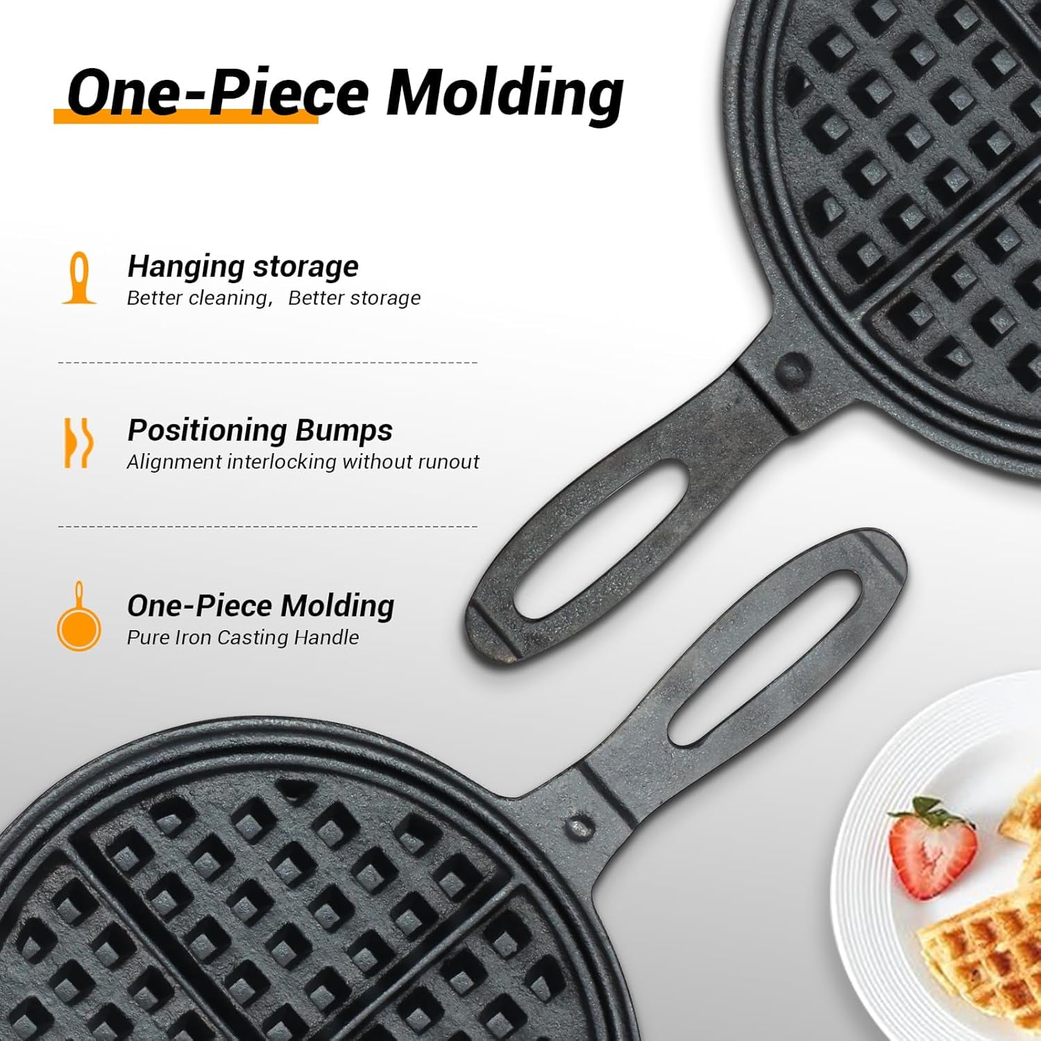 Professional 8-inch Cast Iron Waffle Maker Stove Top | 8 lbs Thickened Body, Quick Heating, Non-Coated Surface | Rustic Round Cast Iron Waffle Iron