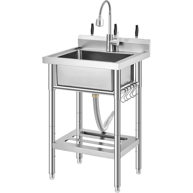 Évier Utilitaire Autoportant en Acier Inoxydable 22x20x37 Po à Bol Unique pour Lessive avec Robinet Coulissant, Tablette de Rangement et Pieds Ajustables