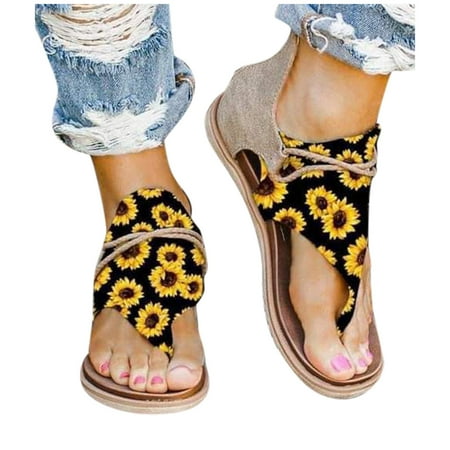 

Thong Sandals for Women Beach Bohemia Floral Flat Roman Gladiator Sandals T-Strap Summer Beach Elastic Flip-Flop Thong Shoes