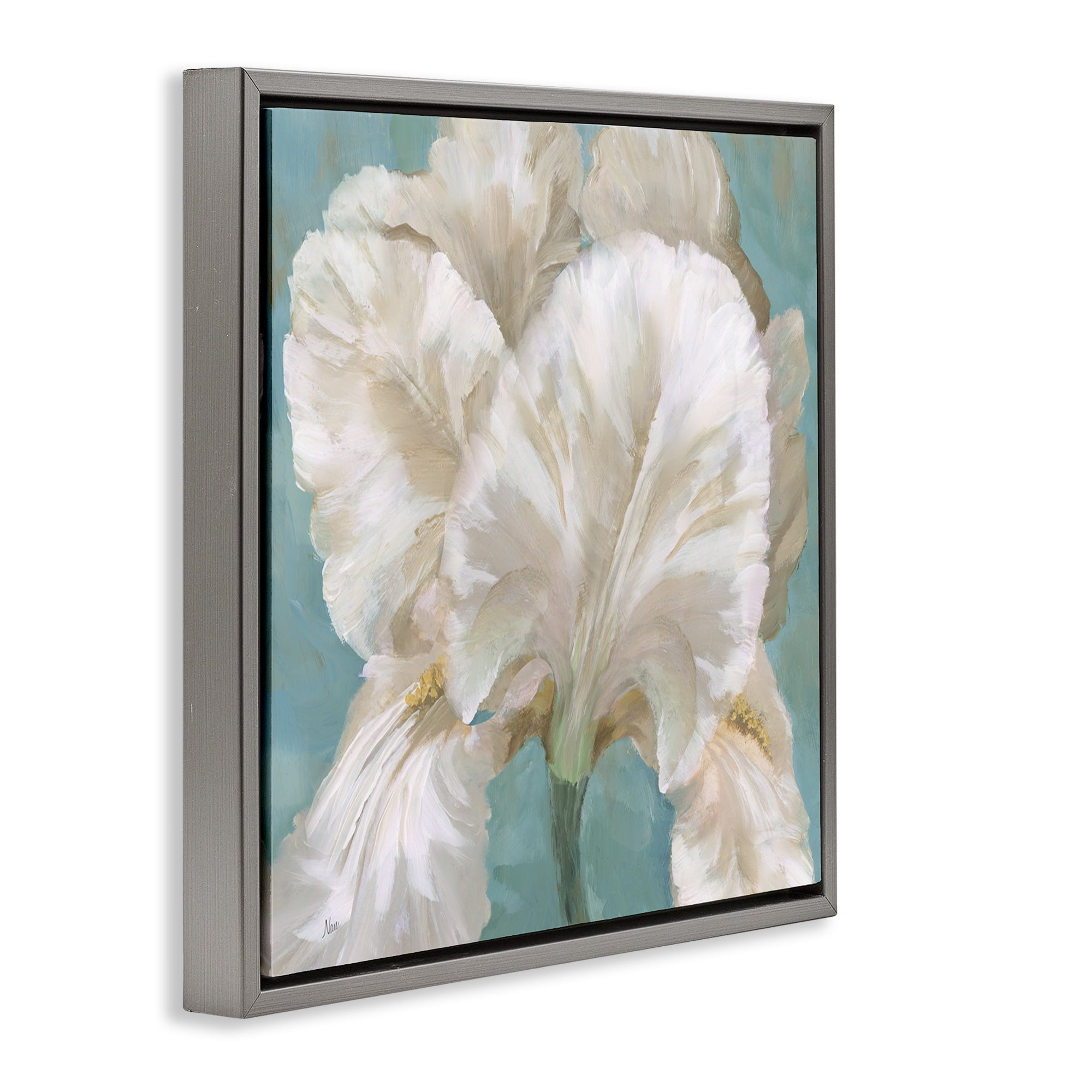 Stupell Industries White Iris on Blue Botanical & Floral Painting Gray Floater Framed Art Print Wall Art, 18 x 18