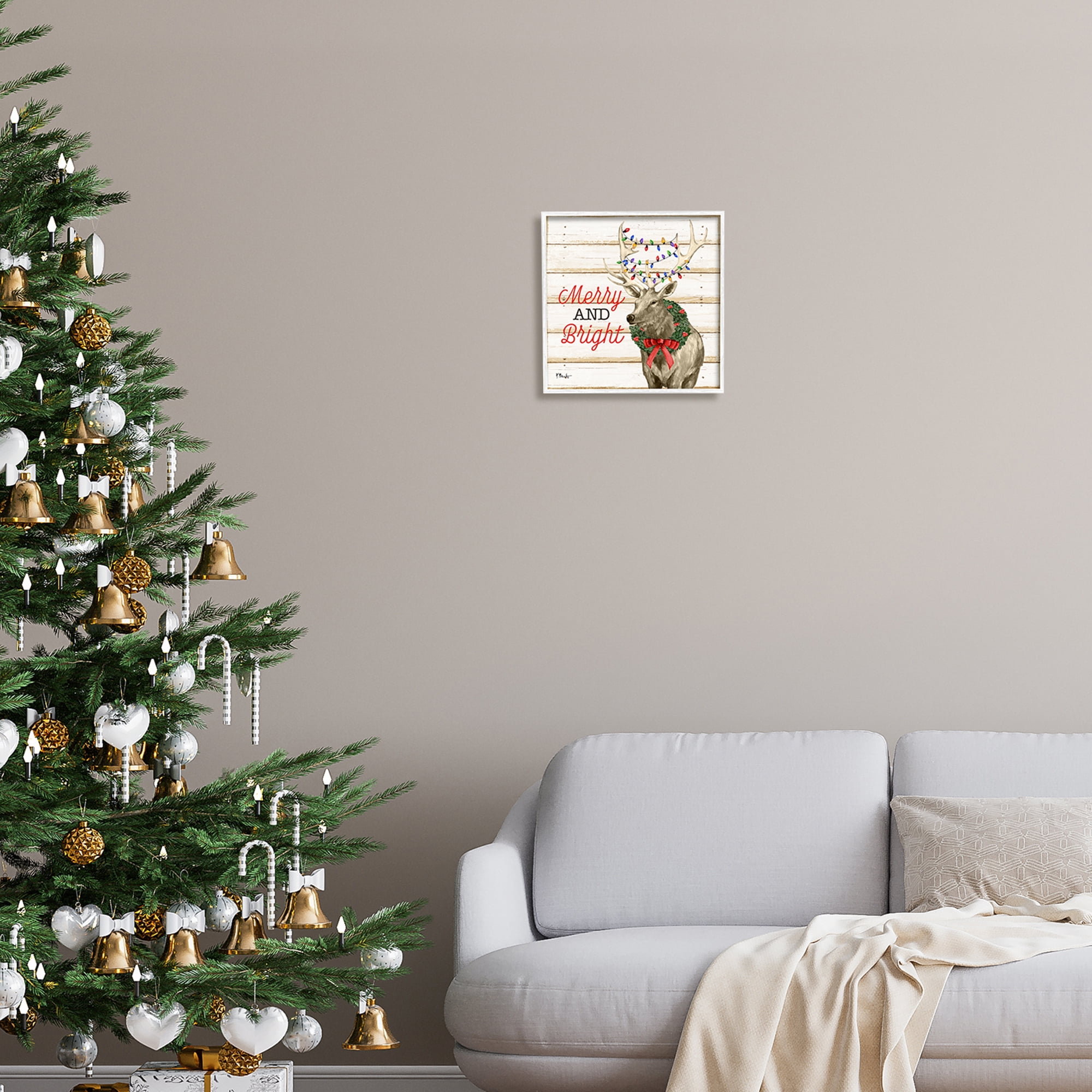 Stupell Industries Merry & Bright Deer Holiday Painting White Framed Art Print Wall Art, 12 x 12