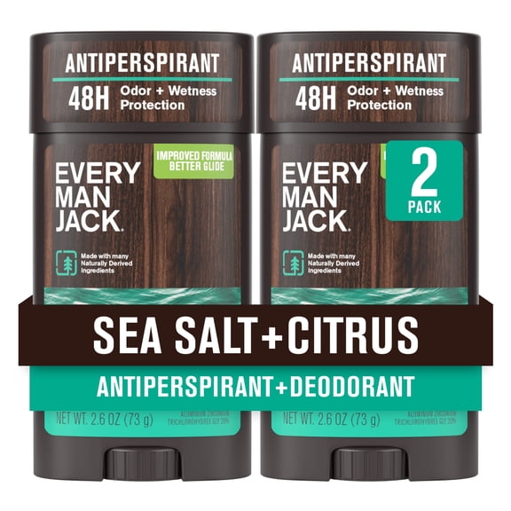 Every Man Jack Antiperspirant Deodorant for Men, Sea Salt Citrus, Stick Twin Pack, 2.6oz each