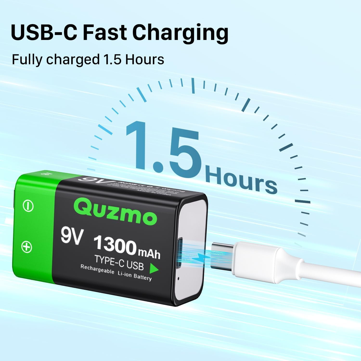 2-Pack Rechargeable 9 Volt Lithium-ion Batteries, 1300mAh Long Lasting Power, USB-C Recharge with 2 in 1 Charging Cable for Smoke Alarms,Multimeters,Microphones,Walkie-Talkie,Toys