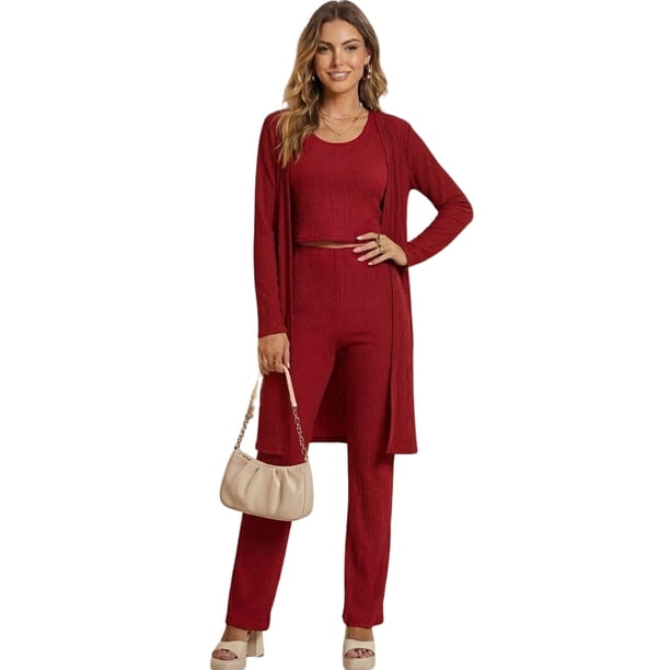 Conjunto Casual 3 Piezas Pantalón, Blusa y Cárdigan Cómodo y Elegante para Mujer