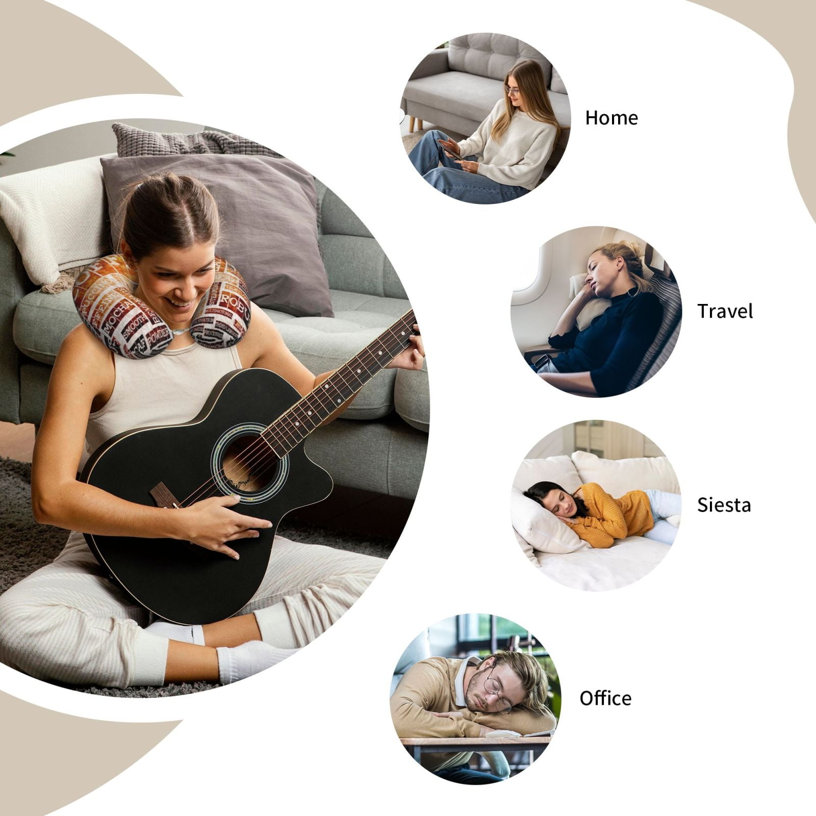 Xecao Hand Drawn Vintage Coffee Print Memory Foam Cervical Neck Pillow Versatile U-Shaped Pillows for Home,Office,Camping,Travelling,Soft Washable Cover