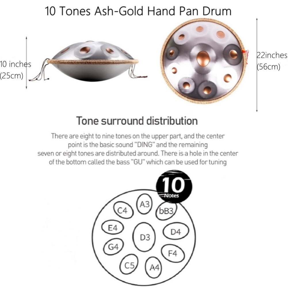 440HZ 22 Inch Ash-Gold 10 Notes Hand Pan Drums D Minor Steel Drum with Soft Bag