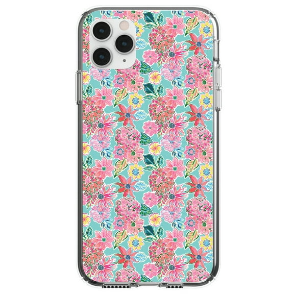 DistinctInk Clear Shockproof Hybrid Case for iPhone 11 Pro (5.8" Screen) - TPU Bumper, Acrylic Back, Tempered Glass Screen Protector - Preppy Pattern - Pink Flowers on Teal Background