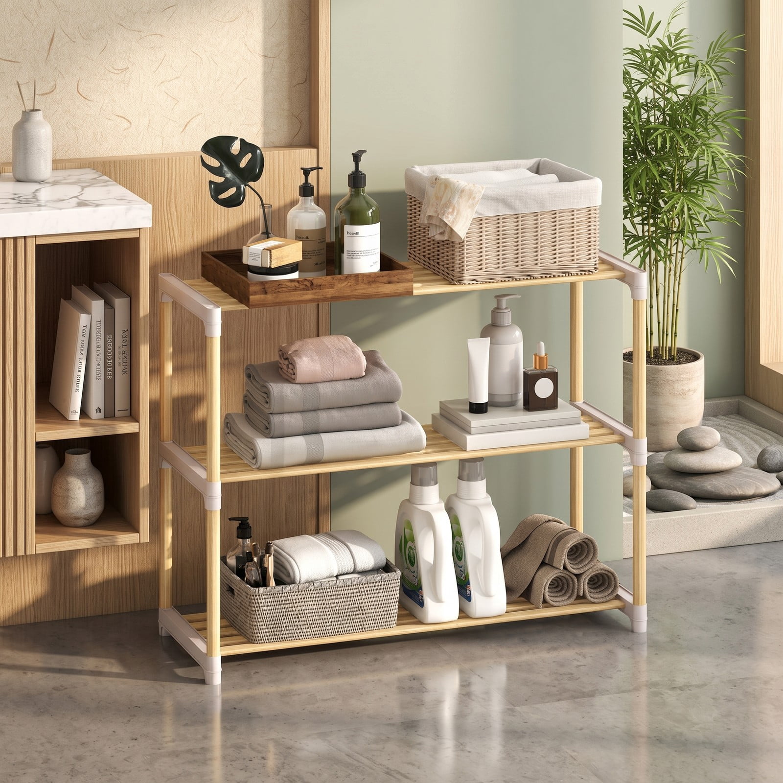 Furnibear 3-Tier Solid Pine Wood Shoe Rack with Slatted Open Shelves for Entryway Closet and Bedroom Storage, Natural and Gray