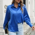 thumbnail image 4 of XFLWAM Women's Satin Silk Long Sleeve Button Down Shirt Formal Work Blouse Top Blue L, 4 of 5