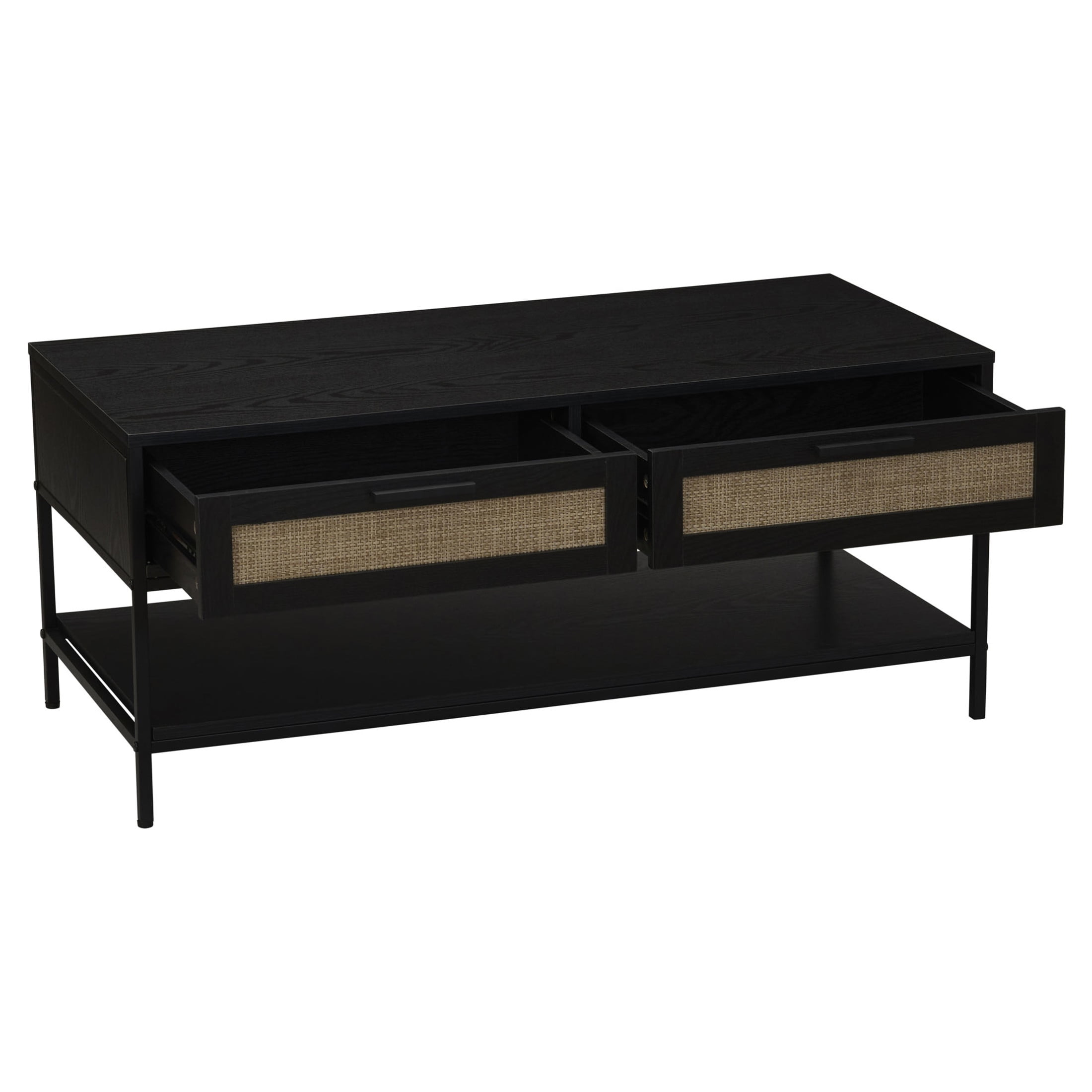 Household Essentials Bungalow Rectangular Coffee Table with Storage Shelf and 2 Drawers Black Oak Wood Grain Woven Front and Black Metal