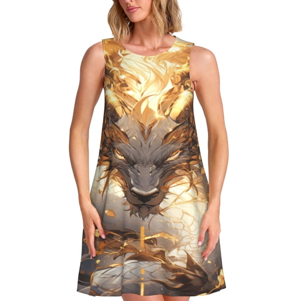 Easygdp Golden Horned White Dragon para Vestido Transpirable de Mujer, Vestido Suelto de Manga Corta con Pliegues y Bolsillos para el Verano