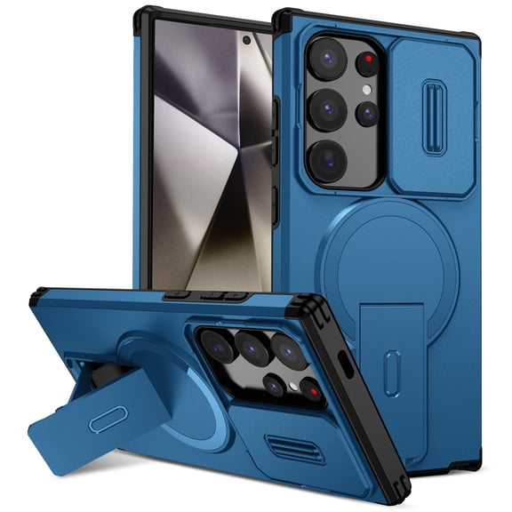 Corliven for Samsung Galaxy S24 Ultra Case with Magnetic Wireless Charging, Hidden Kickstand and Sliding Camera Cover, Blue