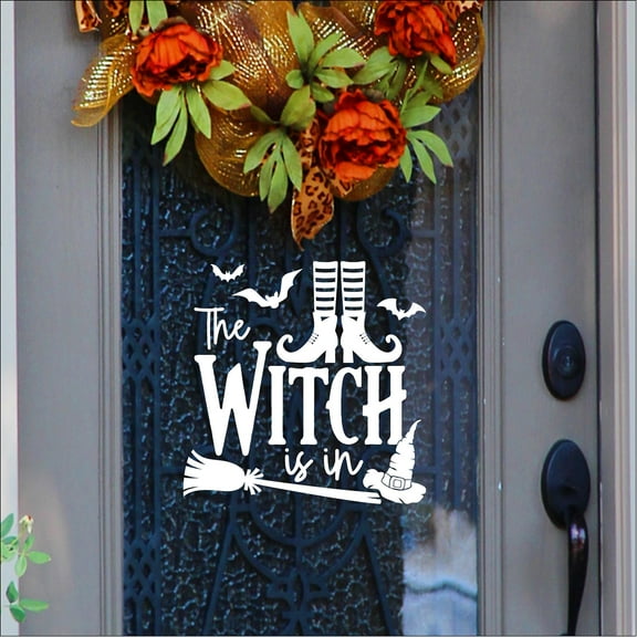 The Witch Is In (boots) with Witch Legs and Shoes Witch Hat and Broom Halloween Decor Vinyl lettering Decal Wall Decals - Size: 12.5"H x 12.5"L - Color: White
