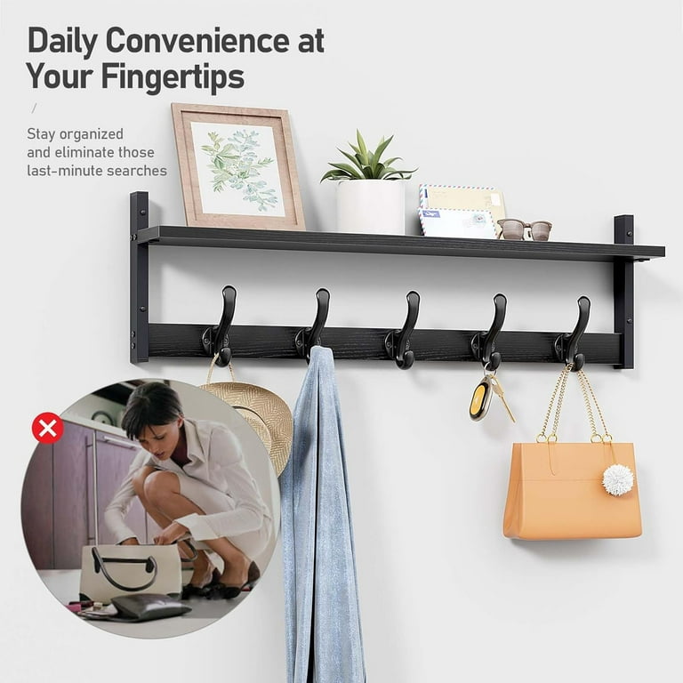 29 Rustic Coat Rack Wall Mount with Shelf Wall Hooks with Shelf Entryway Floating Shelf with 5 Metal Hooks Coat Hangers for Entryway Living Room Bedroom Black Walmart
